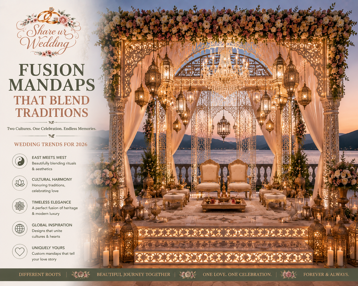 Fusion wedding mandap blending traditional and modern décor with elegant floral arrangements and cultural design elements
