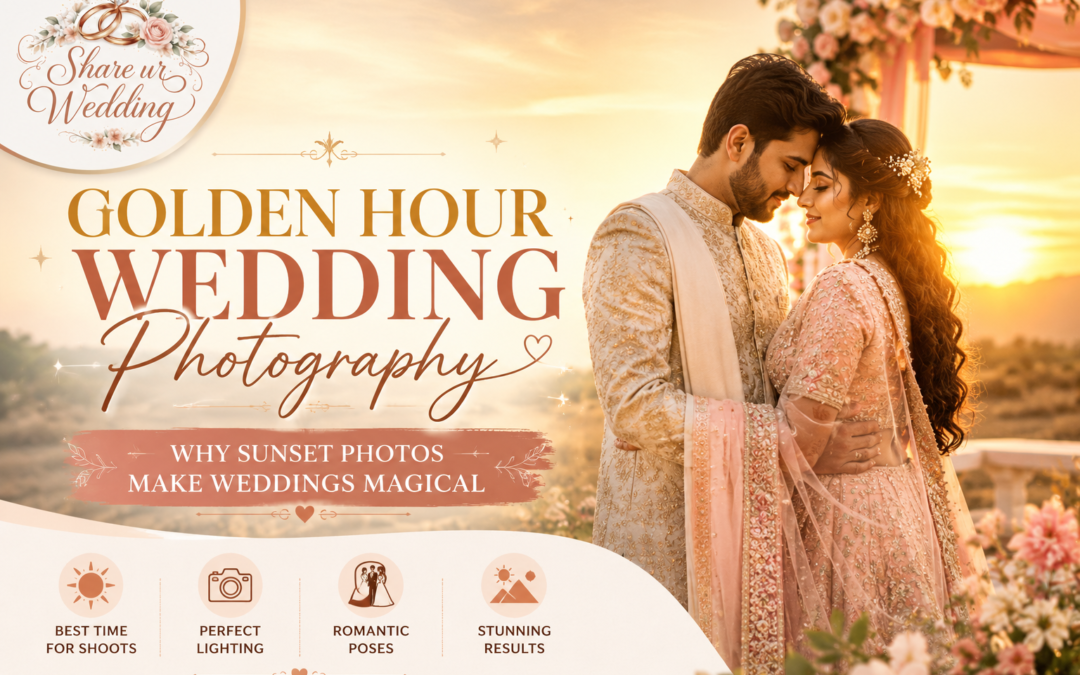 Romantic golden hour wedding photography featuring an Indian bride and groom during sunset with warm natural lighting and dreamy wedding vibes.