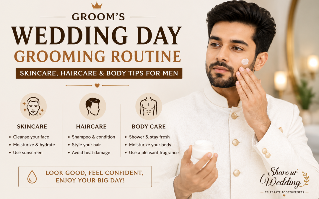 Indian groom following a wedding day grooming routine with skincare, haircare, and body care tips in a luxury bathroom setting.
