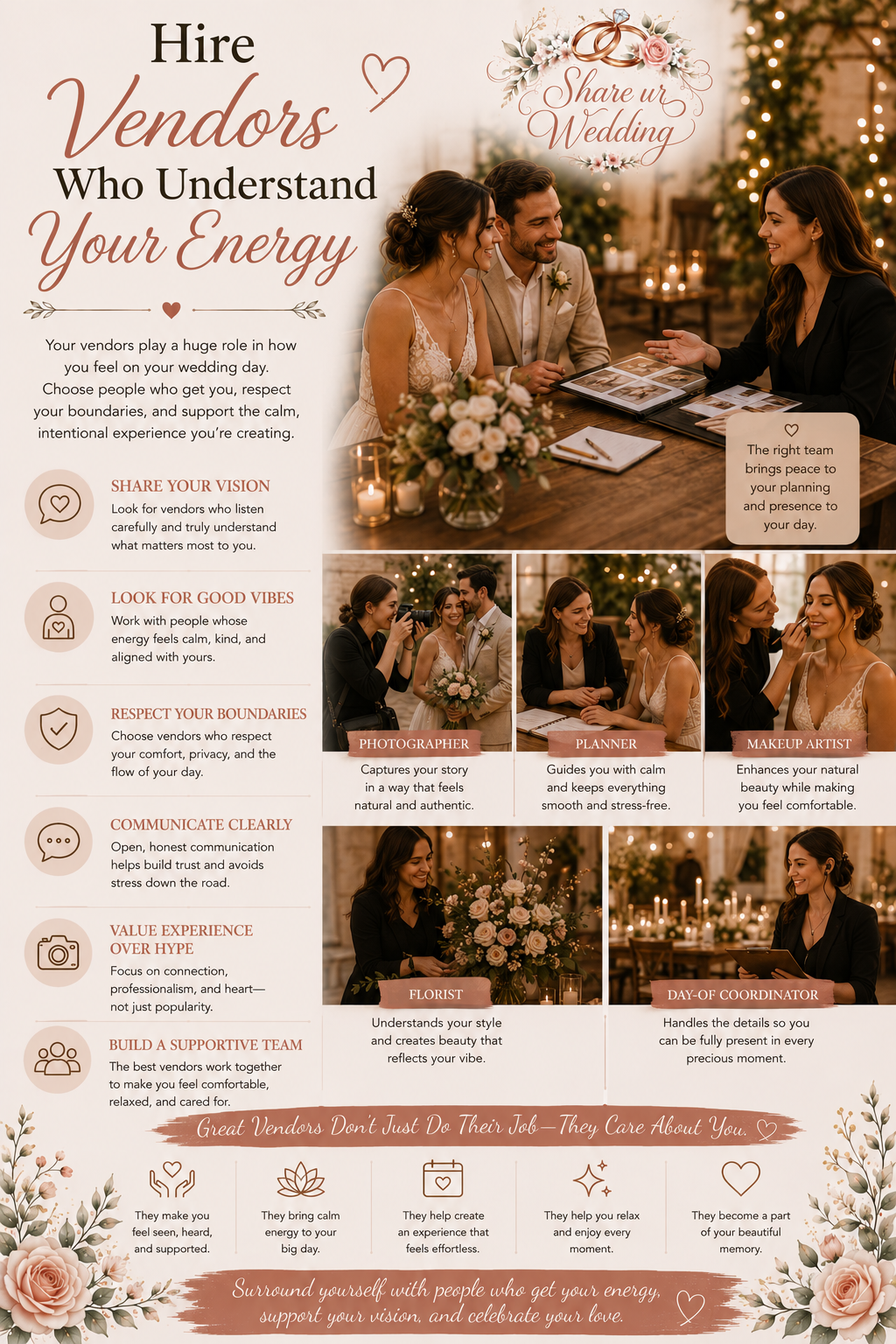 Bride and groom comfortably interacting with friendly wedding vendors in a calm and intimate wedding setting