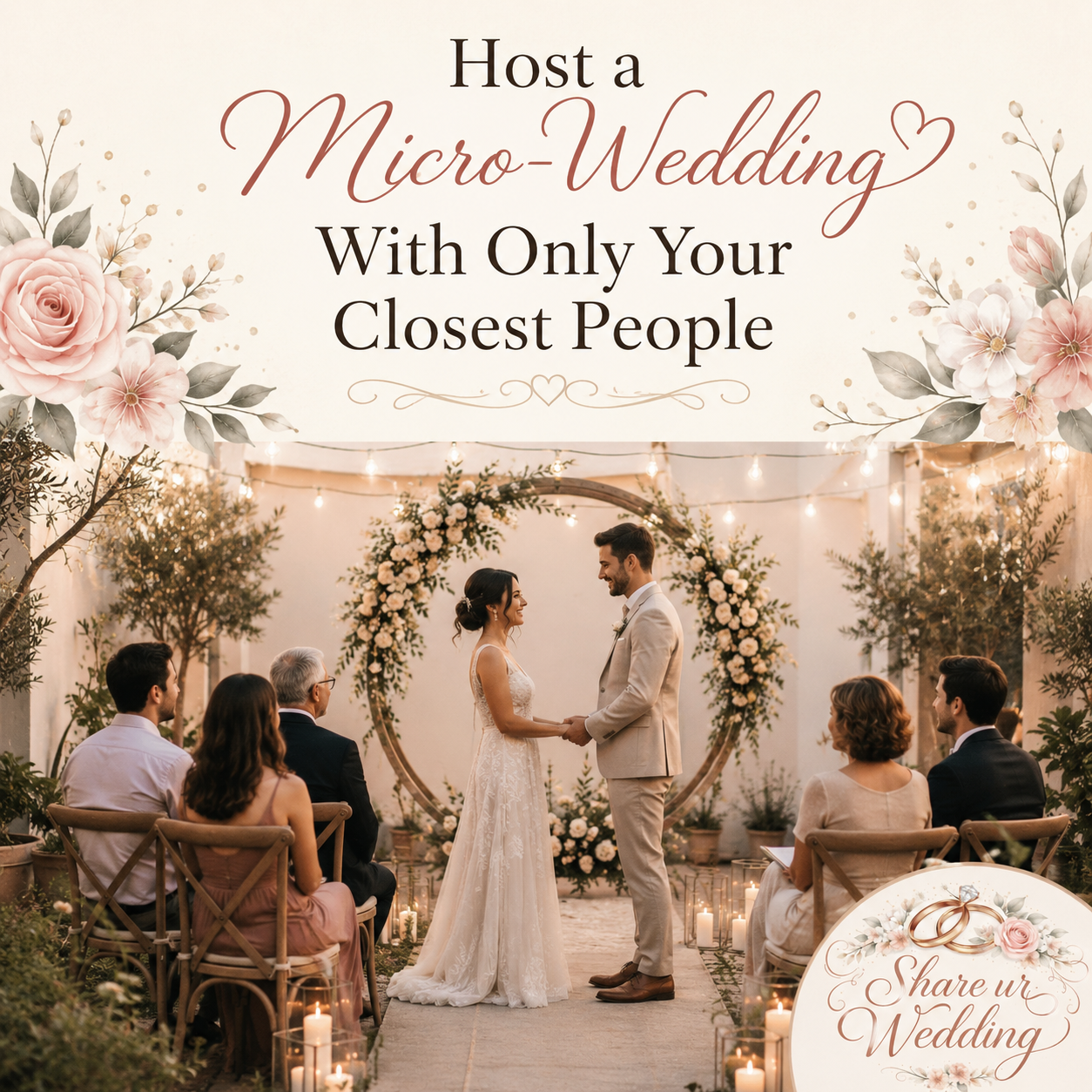 Romantic micro-wedding ceremony with a bride and groom celebrating with close family and friends in an intimate outdoor setting