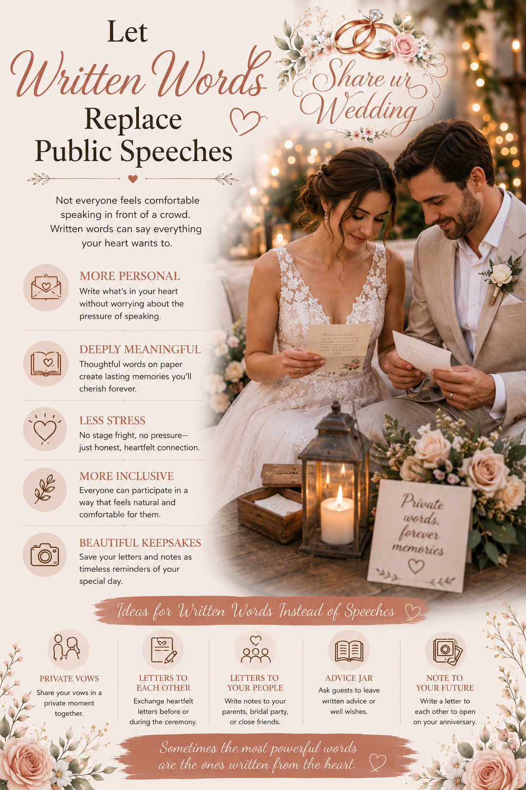 Bride and groom exchanging heartfelt handwritten letters during an intimate wedding celebration