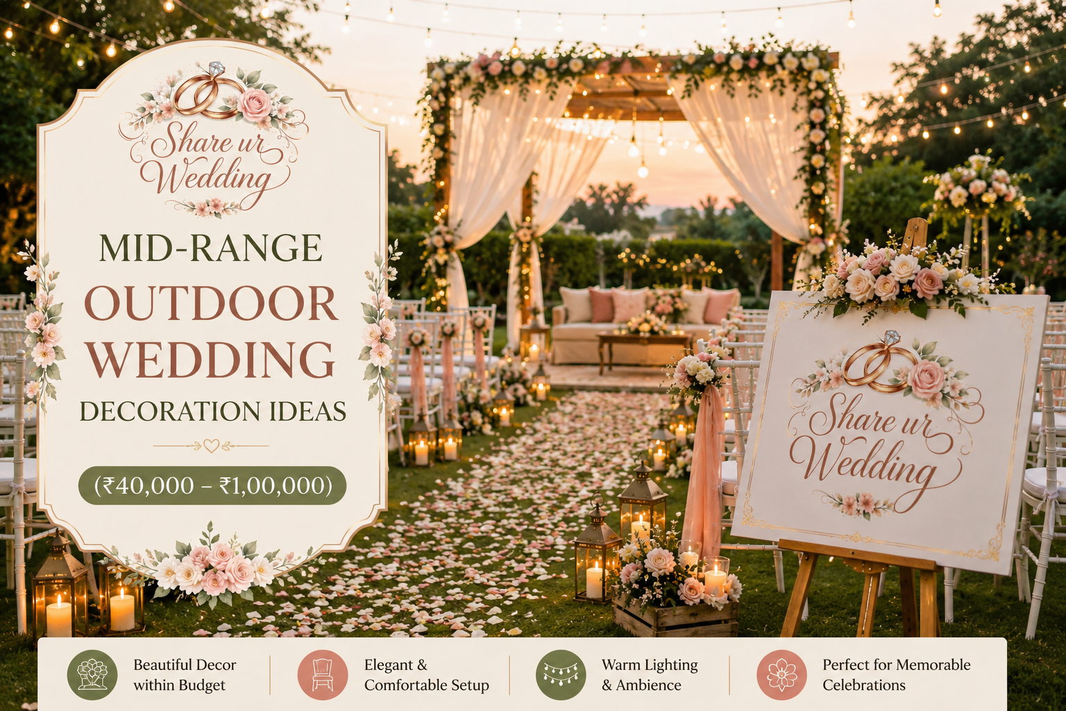 Mid-range outdoor wedding decoration setup with floral arch, romantic lights, candles, elegant seating, and Share ur Wedding branding for stylish budget-friendly weddings.