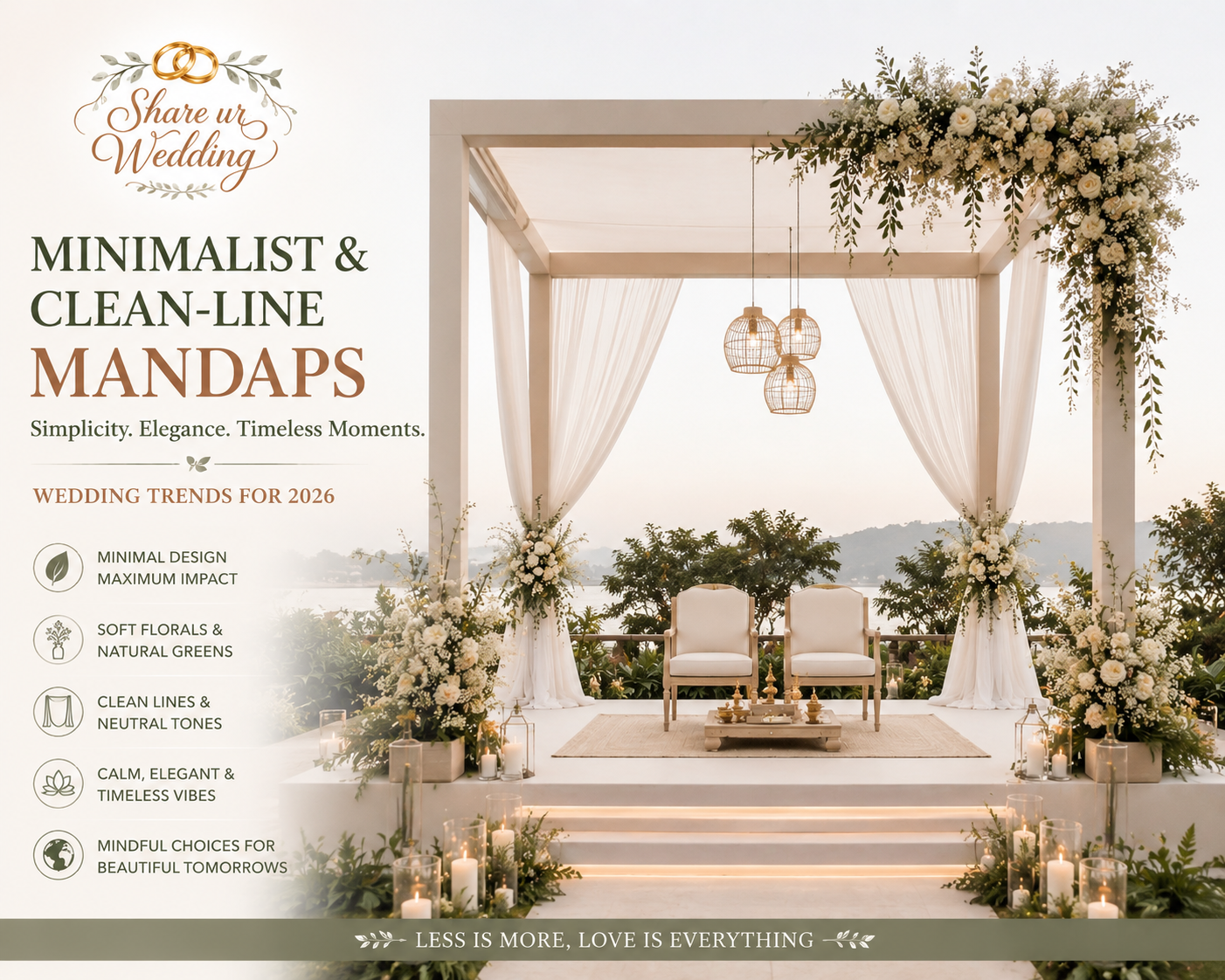 Minimalist wedding mandap with clean-line design, soft drapes, and elegant floral décor for modern weddings