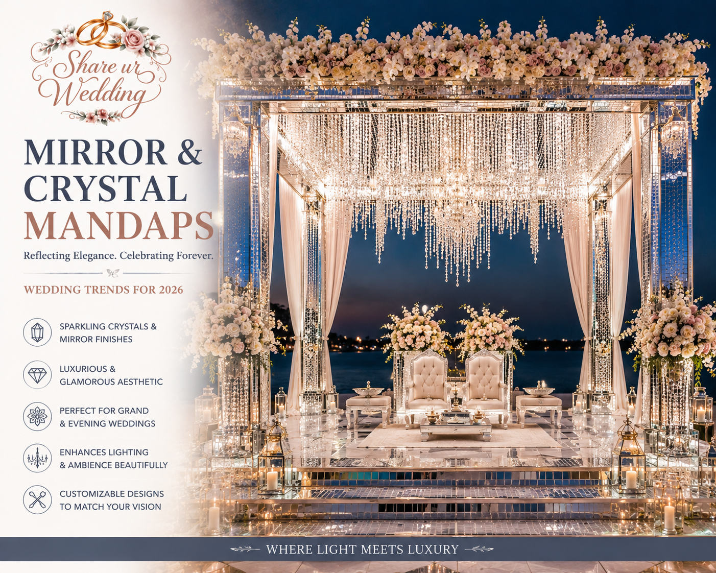 Luxury mirror and crystal wedding mandap with sparkling chandeliers and elegant floral décor for grand weddings