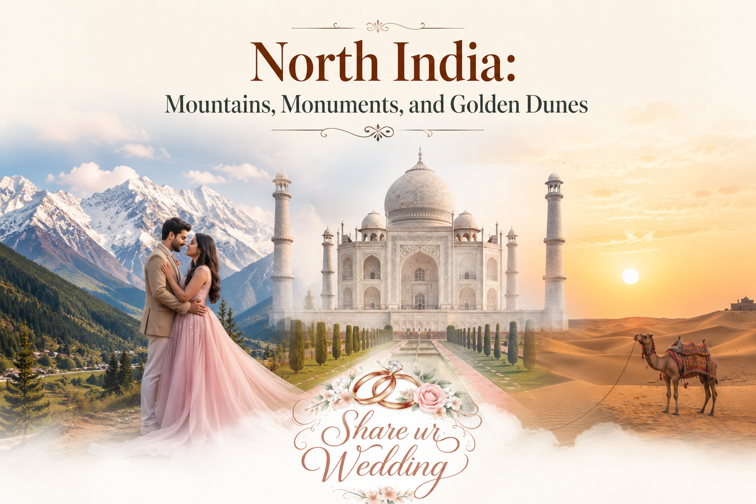 Romantic North India pre-wedding photoshoot destinations featuring snowy mountains, Taj Mahal monument, and golden desert dunes with a couple and Share ur Wedding logo.