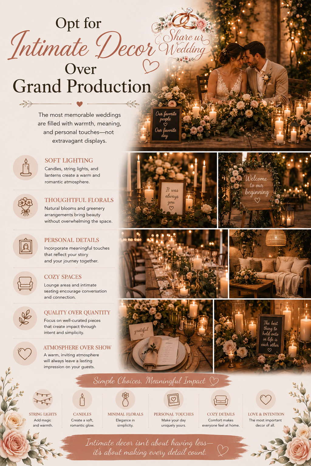 Elegant intimate wedding decor with soft candlelight, floral arrangements, and cozy romantic styling