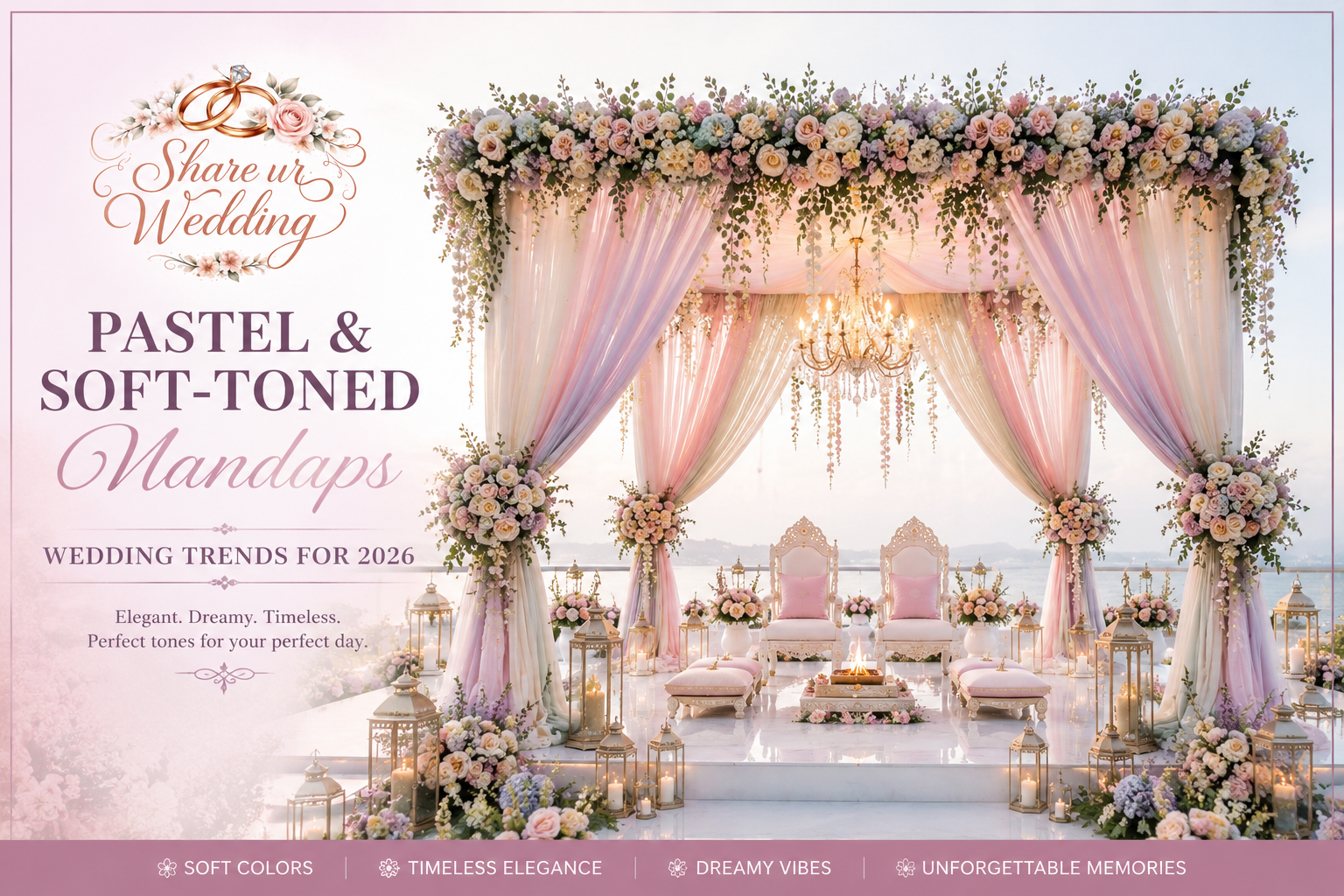 Elegant pastel and soft-toned wedding mandap decoration with floral drapes and luxury wedding setup for 2026
