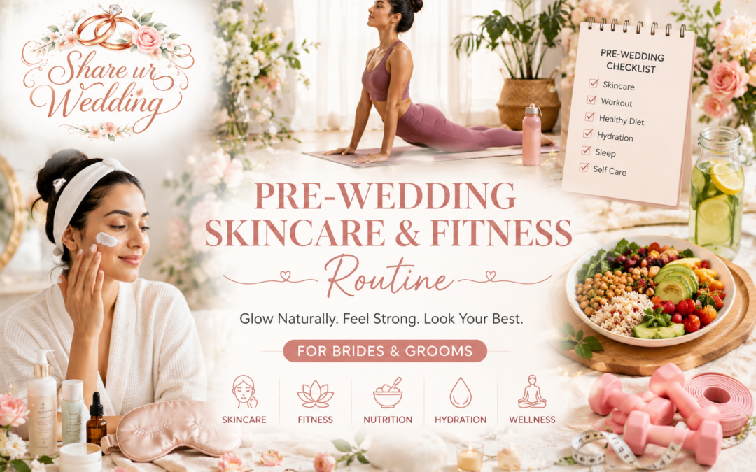 Bride-to-be following a pre-wedding skincare and fitness routine with glowing skin, healthy diet, yoga, and beauty essentials for Indian weddings 2026.