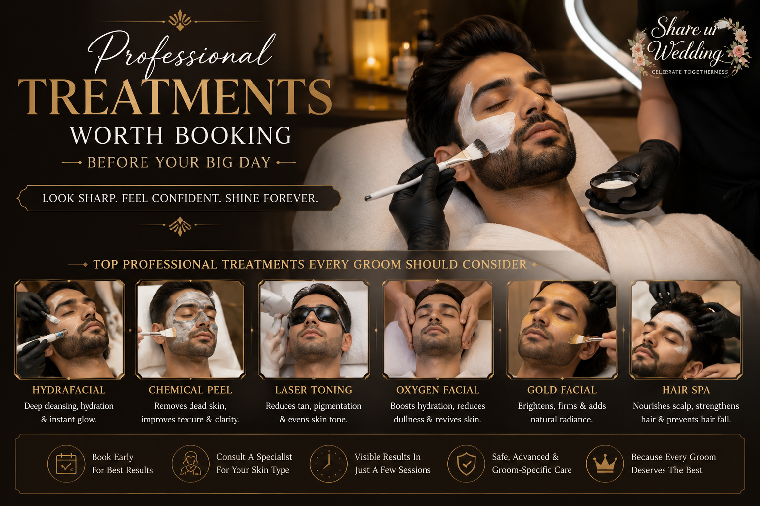 Indian groom receiving luxury facial and skincare treatments at a premium spa before wedding day grooming with professional salon services and Share ur Wedding branding.
