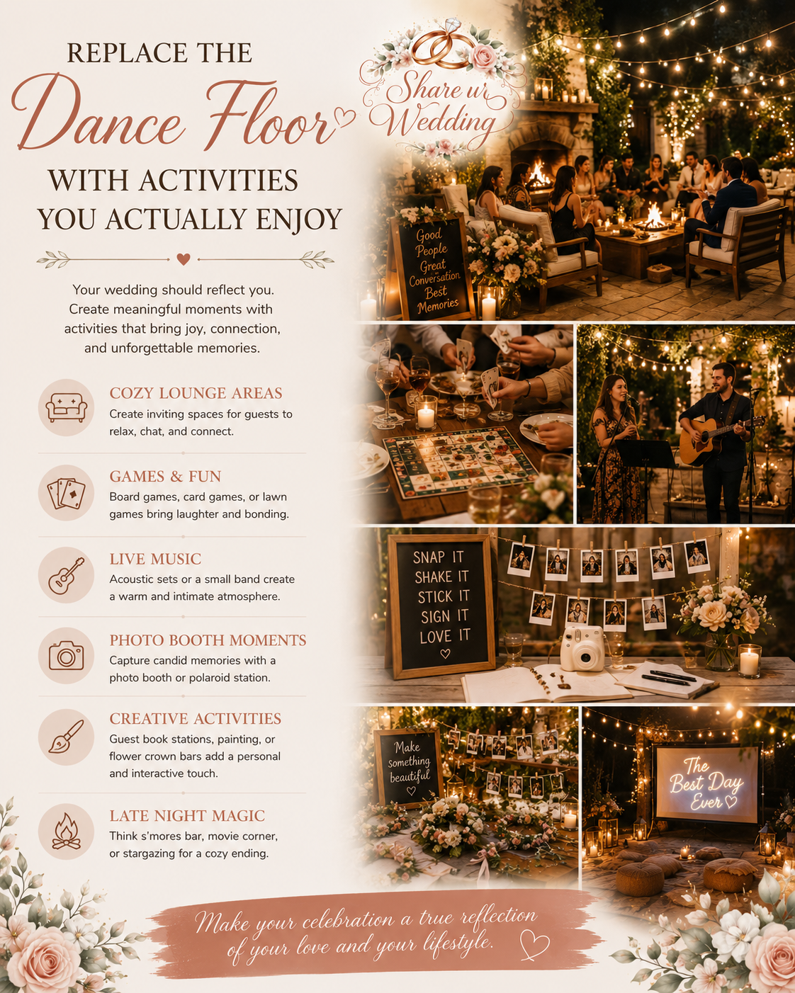 Intimate wedding celebration with cozy activities, games, and relaxed entertainment for guests in a romantic venue