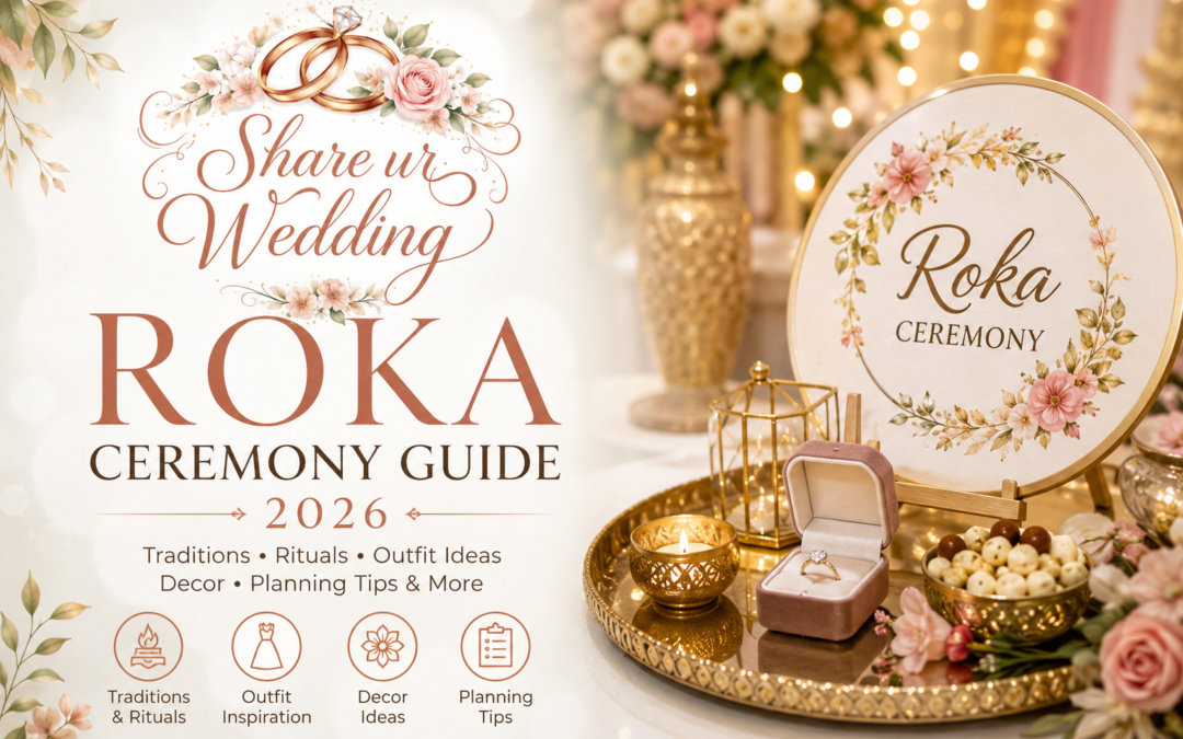 Elegant Roka Ceremony Guide 2026 featured image with floral wedding decor, engagement rings, candles, and Share ur Wedding logo design.