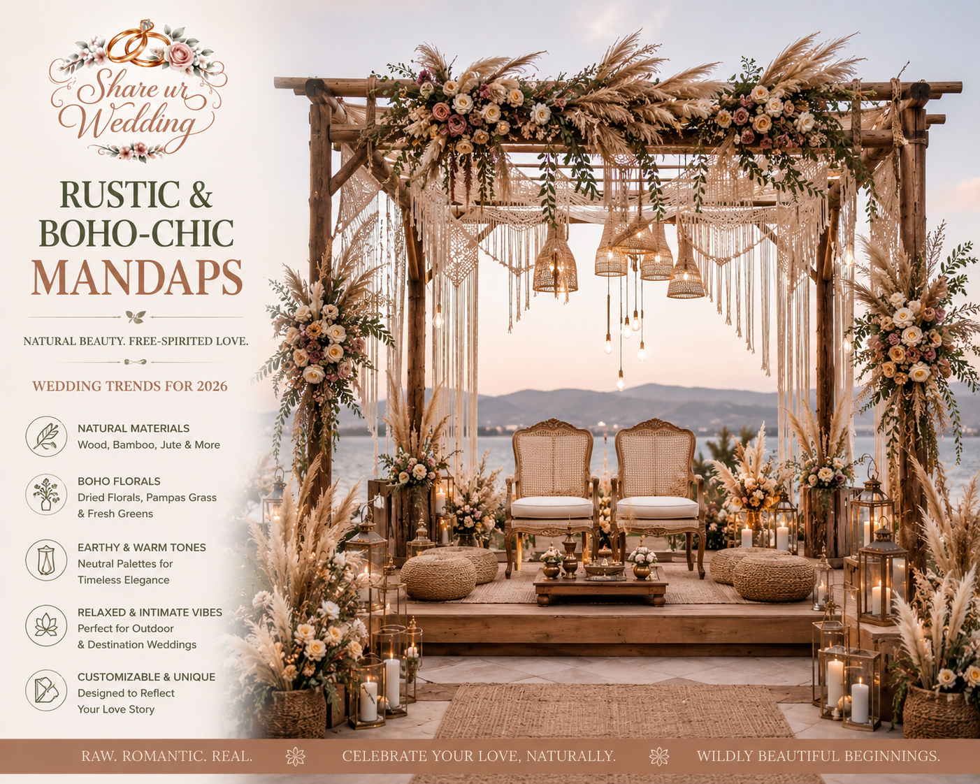 Rustic and boho-chic wedding mandap with wooden décor, pampas grass, macramé details, and earthy floral arrangements
