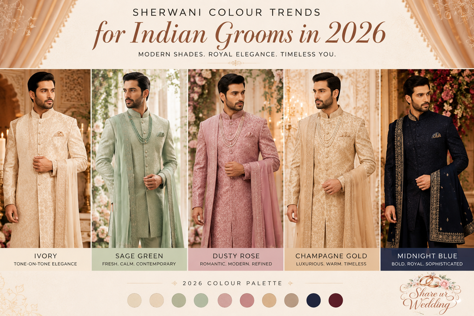 Indian grooms wearing trending 2026 sherwani colours including ivory, sage green, dusty rose, champagne gold, and midnight blue in a luxury wedding fashion collage.
