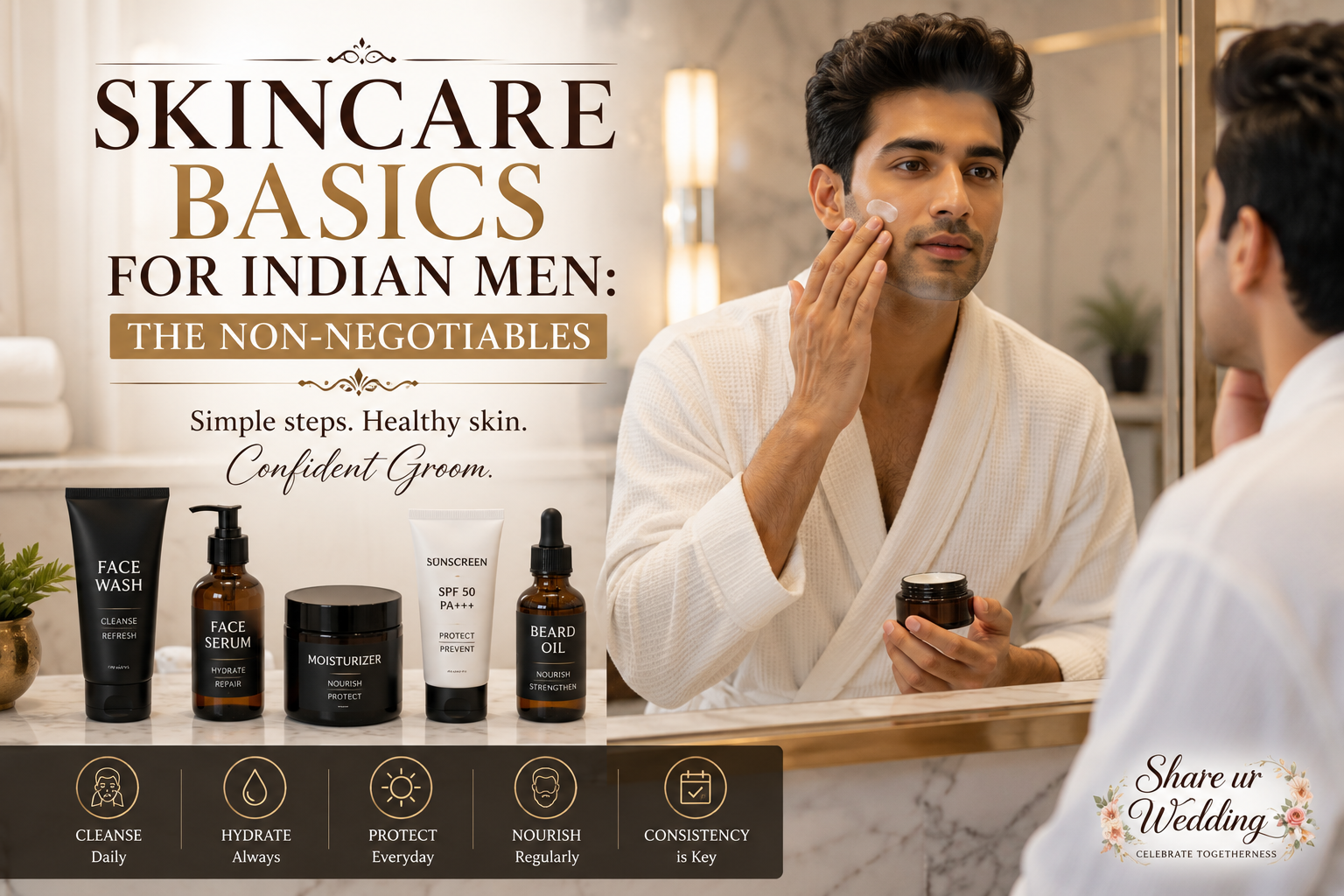 Indian man following a luxury skincare routine with face wash, moisturizer, sunscreen, and beard oil in a modern bathroom setup before wedding grooming.