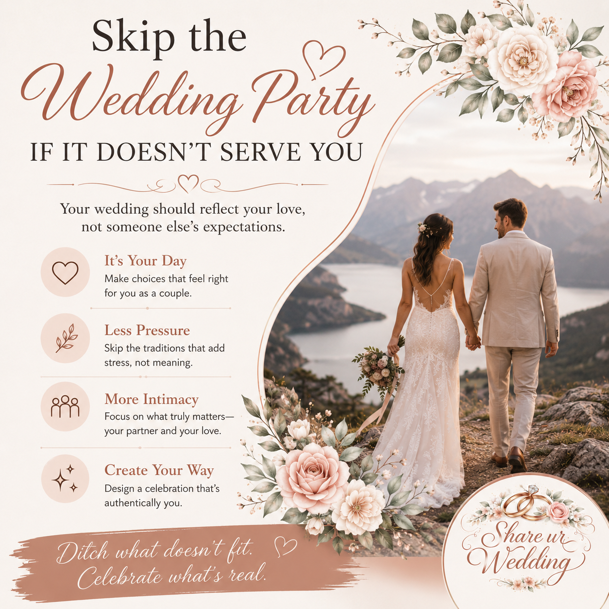 Romantic minimalist wedding couple walking together with elegant floral decor and intimate wedding theme