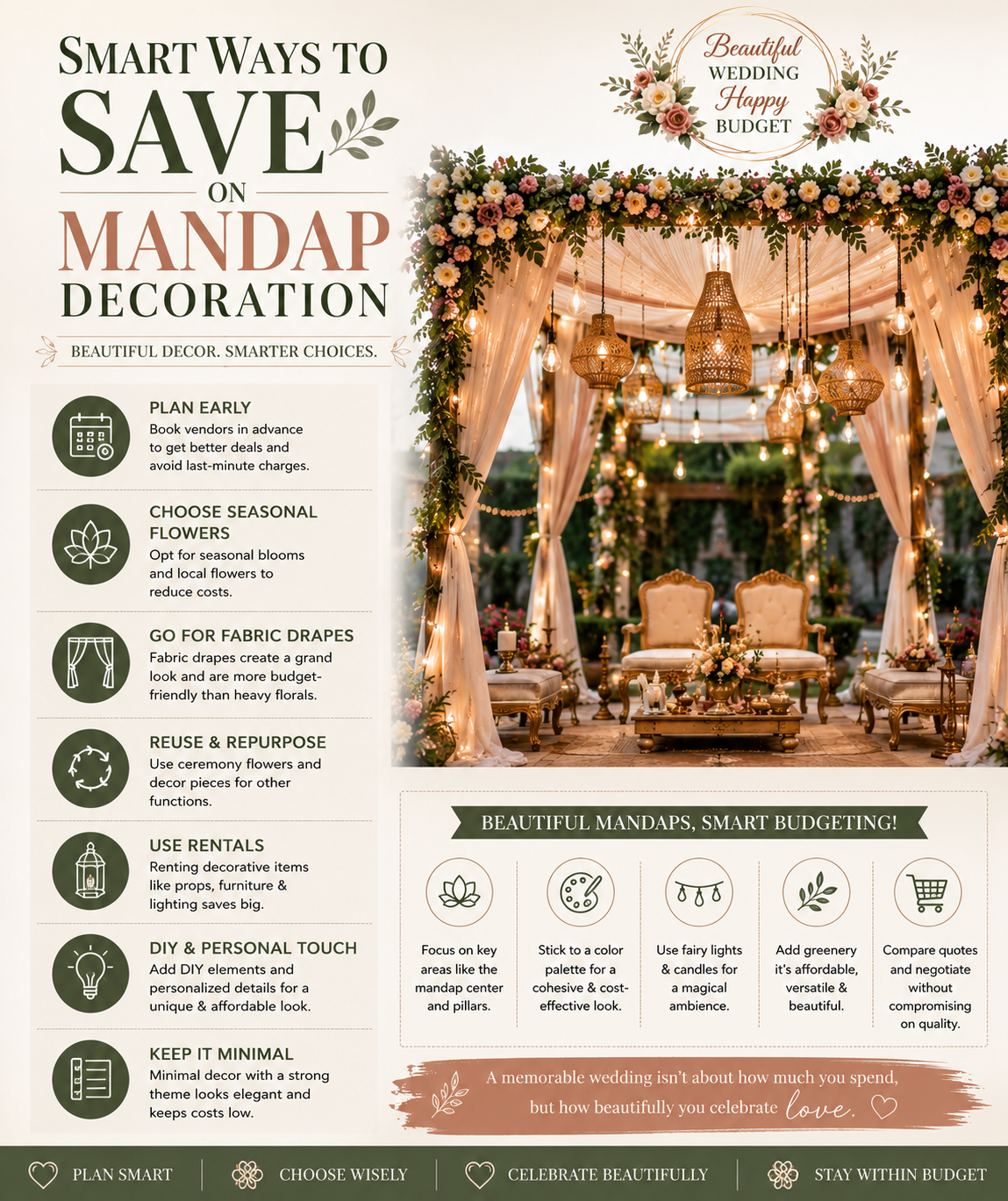 Elegant wedding mandap decoration with budget-friendly décor tips and smart ways to save on wedding expenses