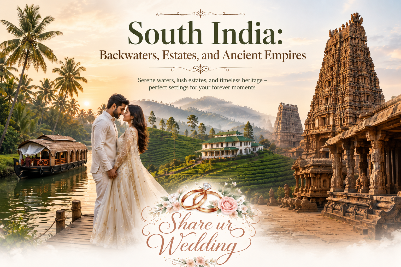 Romantic South India pre-wedding photoshoot destinations featuring Kerala backwaters, lush tea estates, ancient temples, and a beautiful couple with Share ur Wedding branding.