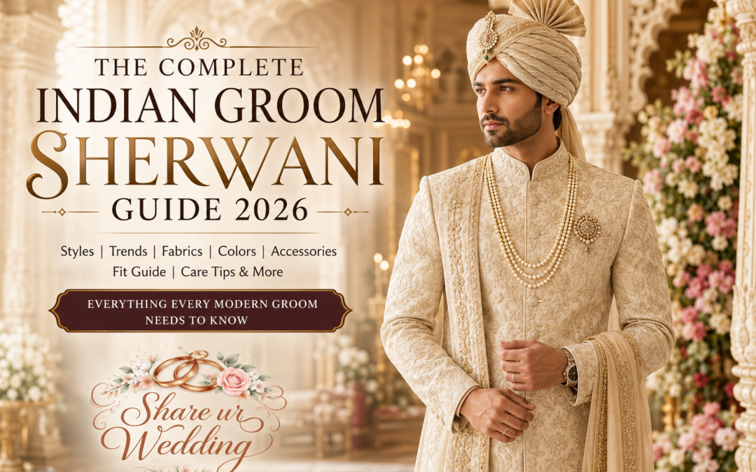 Featured image of an Indian groom wearing an elegant ivory sherwani with royal wedding décor for The Complete Indian Groom Sherwani Guide 2026.