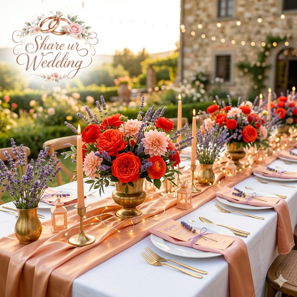 Vibrant summer wedding decor featuring tomato red roses, peachy gold satin table runners, and fresh lavender sprigs in gold vases. A joyful 2026 wedding color combination for outdoor estate weddings.