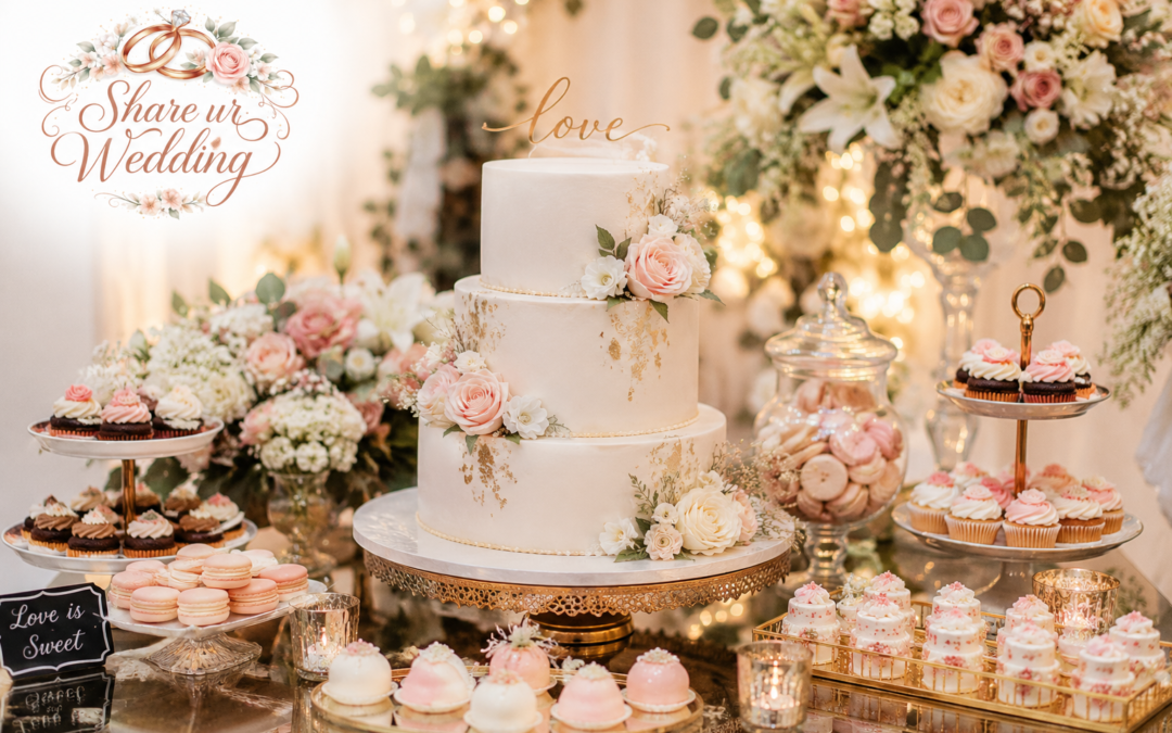 Elegant wedding cake dessert bar setup with floral decorations, cupcakes, macarons, and romantic lighting for Indian weddings 2026 featuring Share ur Wedding logo.
