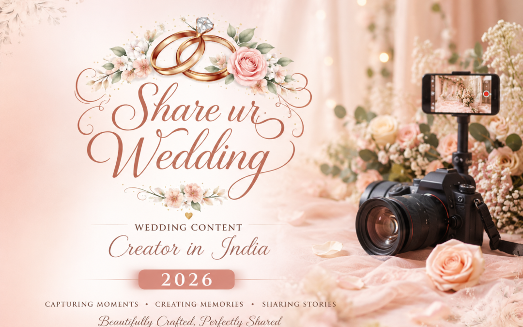 Elegant wedding content creator featured image with Share ur Wedding logo, floral wedding rings, professional camera setup, and romantic pastel wedding décor for India 2026.