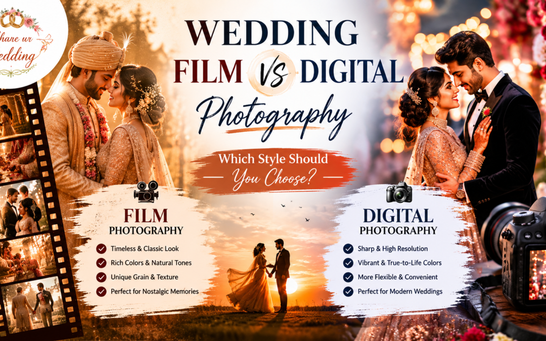 Wedding film vs digital photography comparison featuring romantic wedding portraits with vintage film style and modern digital photography aesthetics.