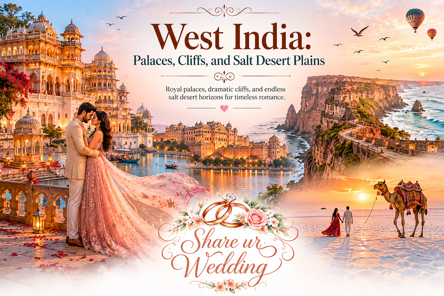 Romantic West India pre-wedding photoshoot destinations featuring royal palaces, dramatic coastal cliffs, white salt desert plains, and a beautiful couple with Share ur Wedding branding.