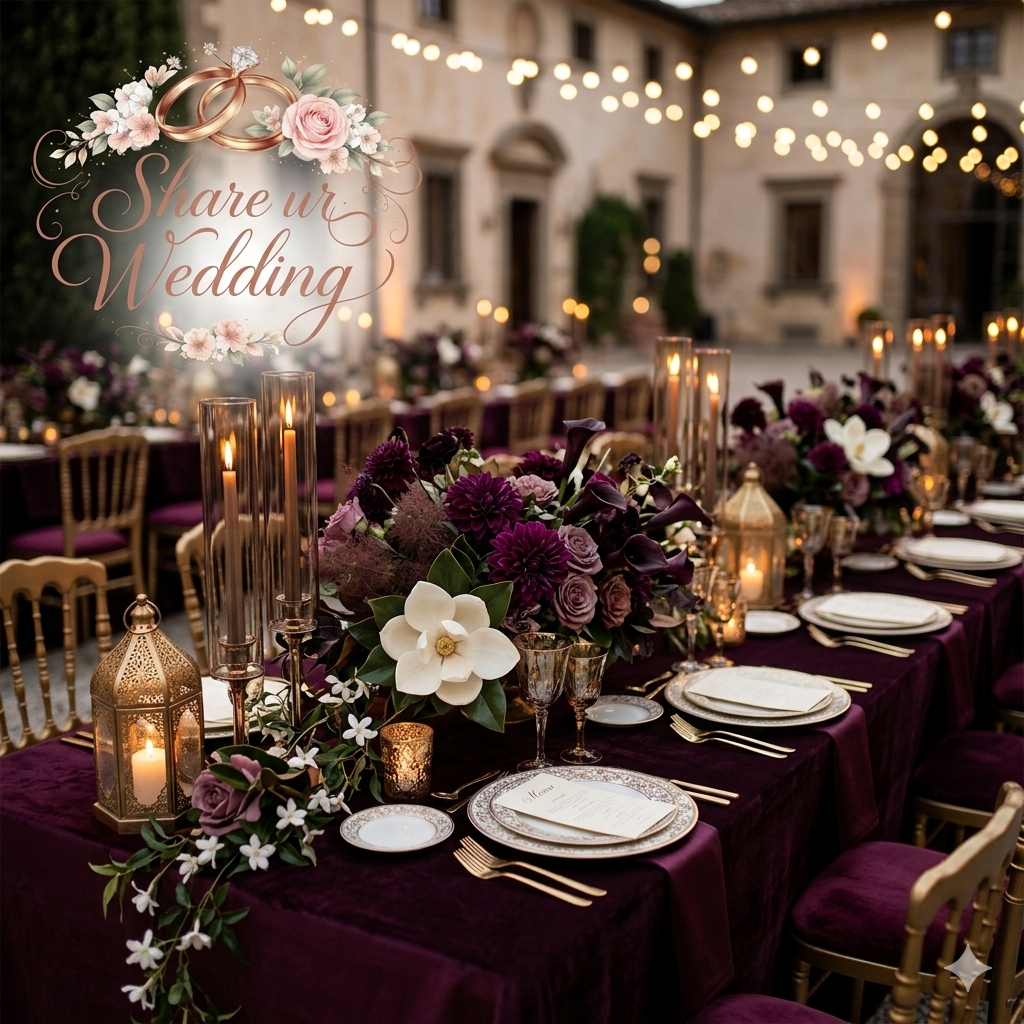Luxurious wedding reception table featuring black cherry velvet tablecloths, deep aubergine floral centerpieces with dahlias, and creamy ivory magnolia accents. ShareUrWedding 2026 design trend.