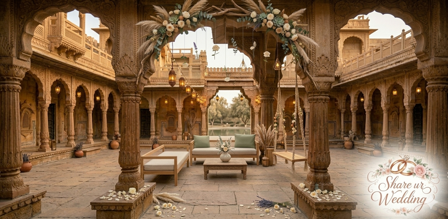 A wide-angle banner shot of a Floral Minimalist Mehndi decor setup in a traditional Indian Haveli courtyard, featuring macramé drapes, neutral-toned furniture, pampas grass, and subtle hanging flowers with clear, illuminated lanterns.