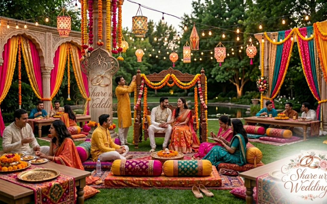 A natural outdoor Mehndi night decoration setup with vibrant drapes, marigold flowers, traditional seating, and guests in ethnic wear for a 2026 wedding.