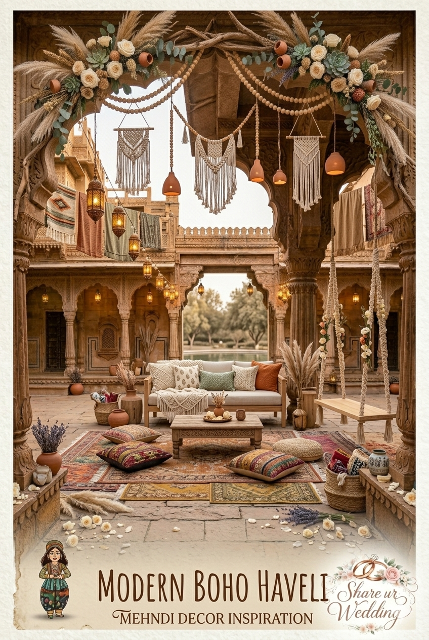 A fusion of Modern Boho and Rajasthani Haveli decor for a Mehndi night, featuring macramé hangings, pampas grass floral arches, wooden furniture, and earthy-toned cushions in a stone courtyard.