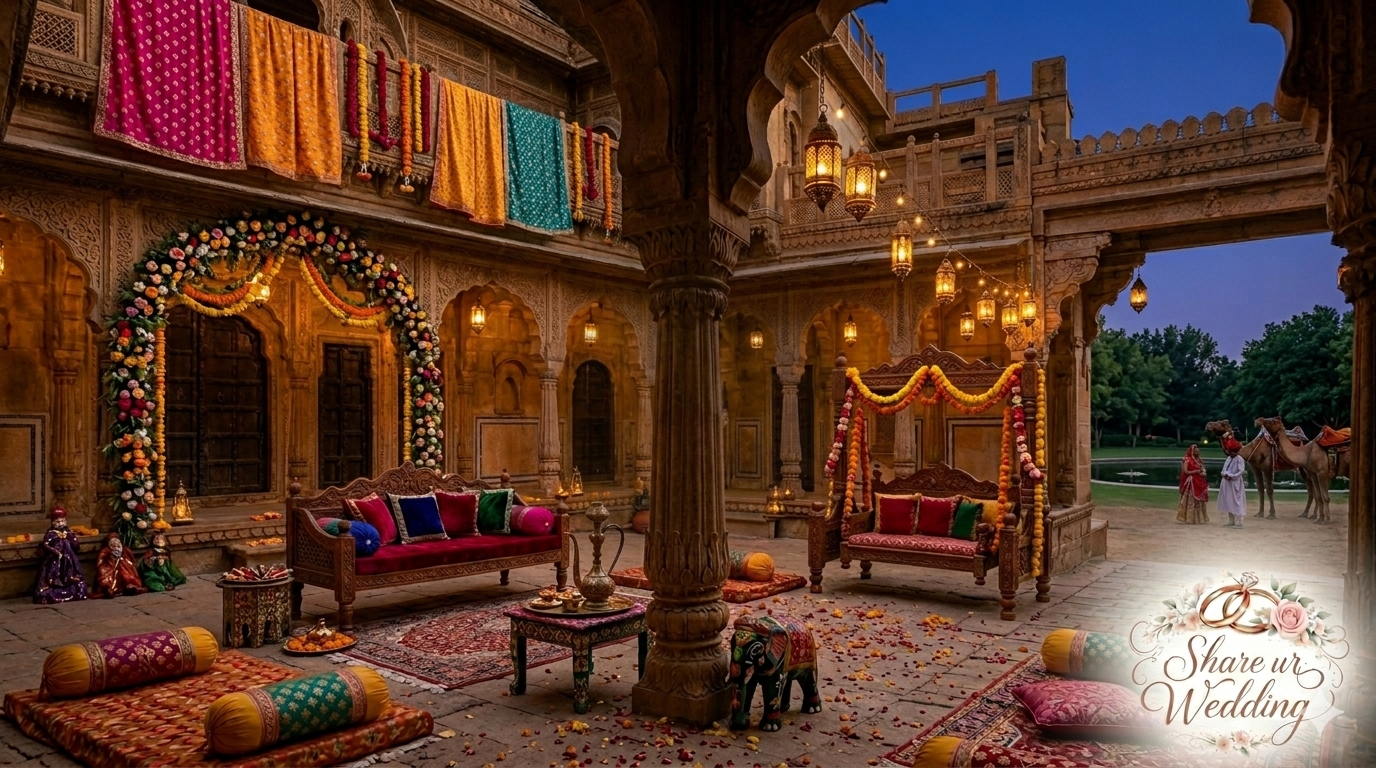 A royal Rajasthani Haveli style Mehndi decoration with traditional carvings, vibrant colorful drapes, marigold garlands, and antique wooden furniture under warm evening lighting.