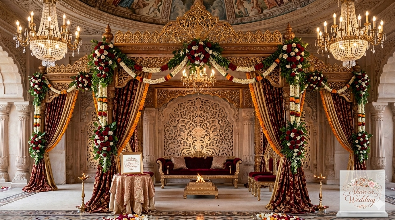 Royal and heritage-inspired Indian wedding mandap decoration featuring an intricately carved golden palace backdrop, heavy maroon drapes, luxury velvet seating, and massive red and white floral garlands with crystal chandeliers.
