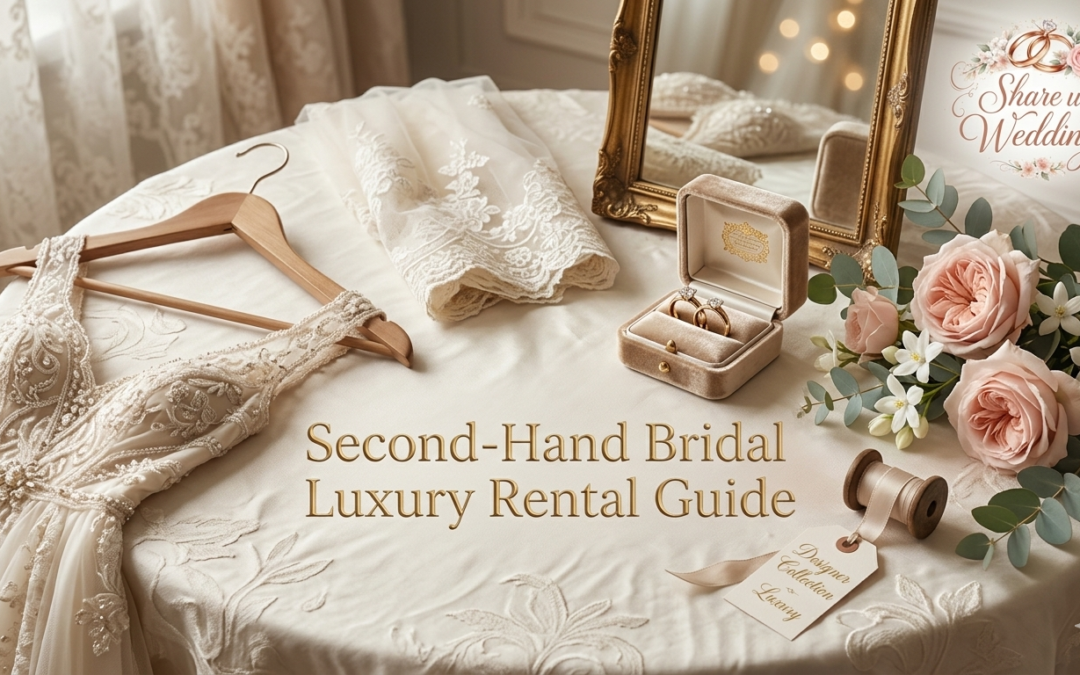 An elegant flat lay of a luxury second-hand bridal rental setup, featuring a detailed lace wedding gown on a wooden hanger, a velvet ring box with gold wedding bands, a vintage mirror, and fresh pink roses on a champagne fabric background with the "Share ur Wedding" logo in the top right corner.