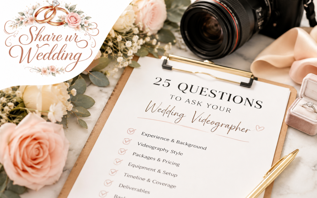 25 Questions to Ask Your Wedding Videographer featured image with wedding camera, clipboard checklist, flowers, and Share ur Wedding logo