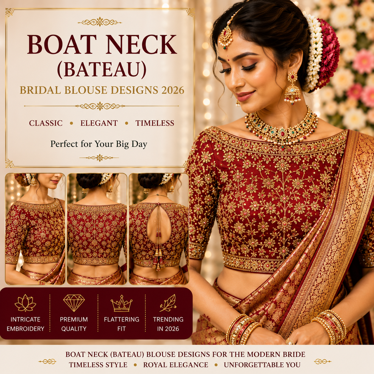 Boat Neck (Bateau) bridal blouse design 2026 featuring a South Indian bride wearing an elegant embroidered boat neckline blouse with a silk saree and traditional wedding jewelry.