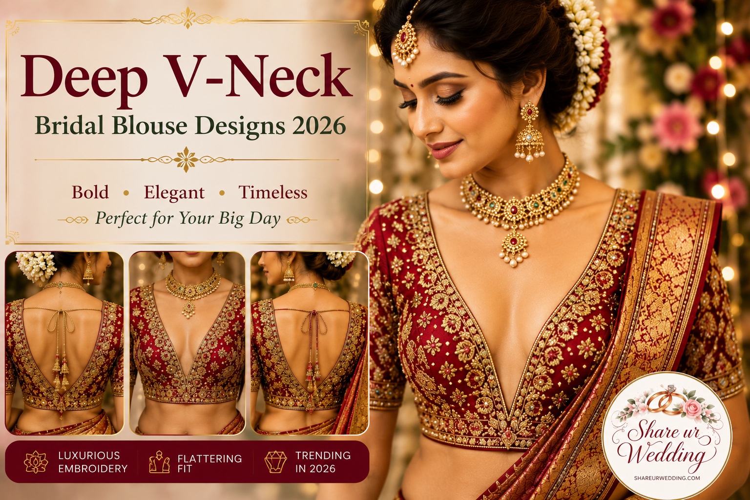 Deep V-Neck bridal blouse design 2026 featuring a South Indian bride in a heavily embroidered silk saree blouse with traditional gold jewelry and elegant wedding styling.