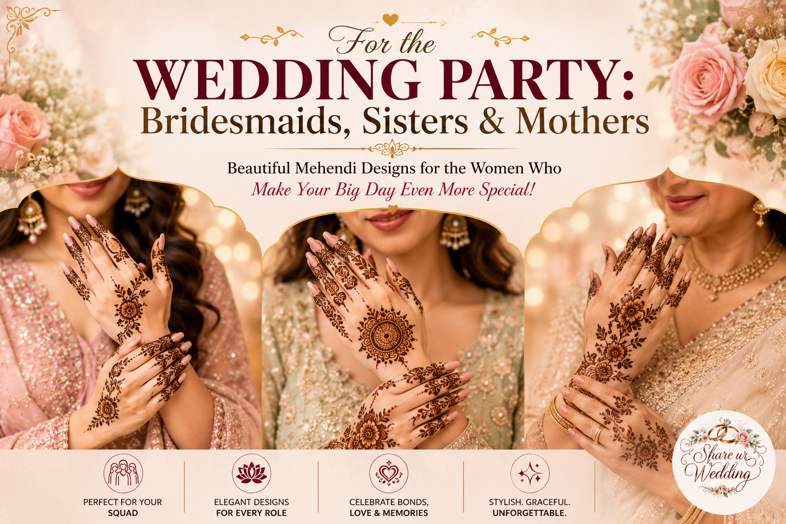 Wedding party mehendi designs for bridesmaids, sisters, and mothers featuring elegant henna patterns for wedding celebrations
