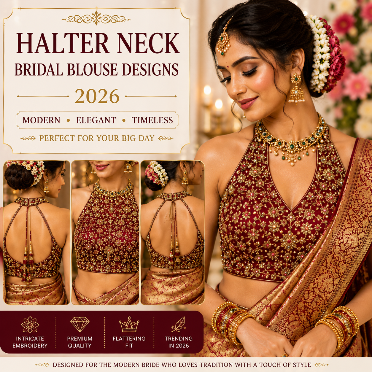 Halter Neck bridal blouse design 2026 featuring a stylish South Indian bride wearing an embroidered halter neck blouse paired with a silk saree and traditional wedding jewelry.