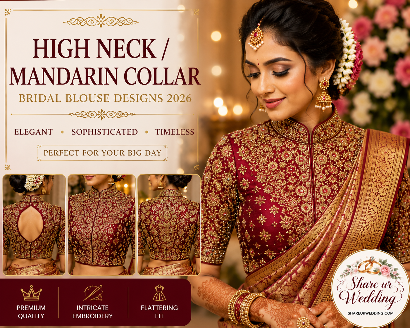 High Neck bridal blouse design 2026 featuring an elegant South Indian bride wearing a richly embroidered mandarin collar blouse with traditional jewelry and silk saree.
