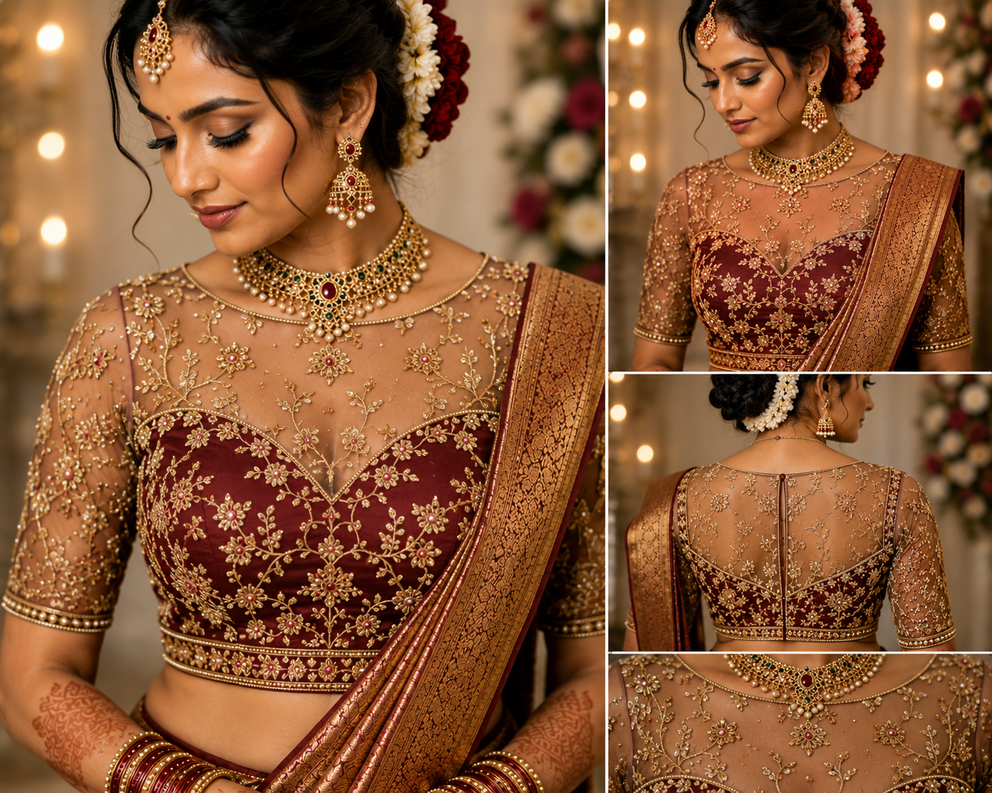 Illusion neckline bridal blouse design featuring a South Indian bride wearing a sheer embroidered blouse with delicate floral detailing, silk saree, and traditional bridal jewelry.