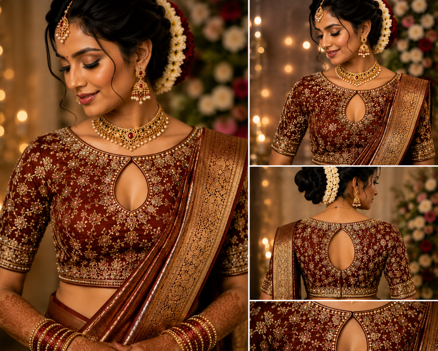 Keyhole neck bridal blouse design featuring a South Indian bride wearing an embroidered blouse with a stylish keyhole neckline, silk saree, and traditional bridal jewelry.