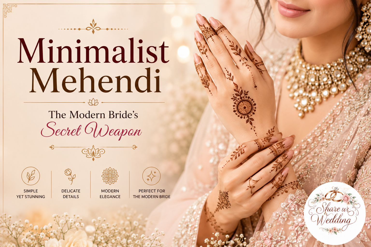 Minimalist Mehendi design featuring elegant fine-line henna patterns for modern brides