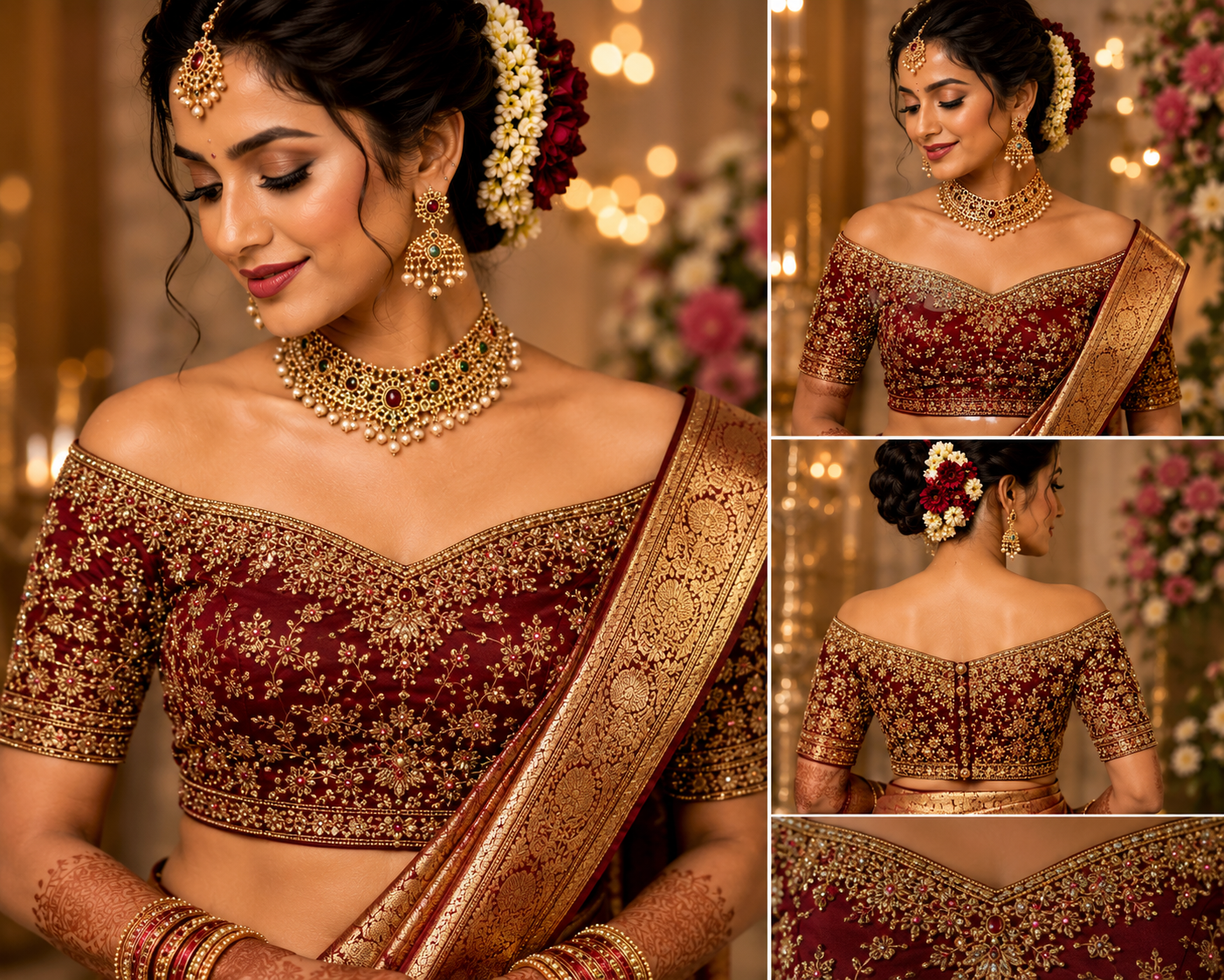 Off-Shoulder bridal blouse design 2026 featuring a stylish South Indian bride wearing an embroidered off-shoulder blouse with a silk saree and elegant wedding jewelry.