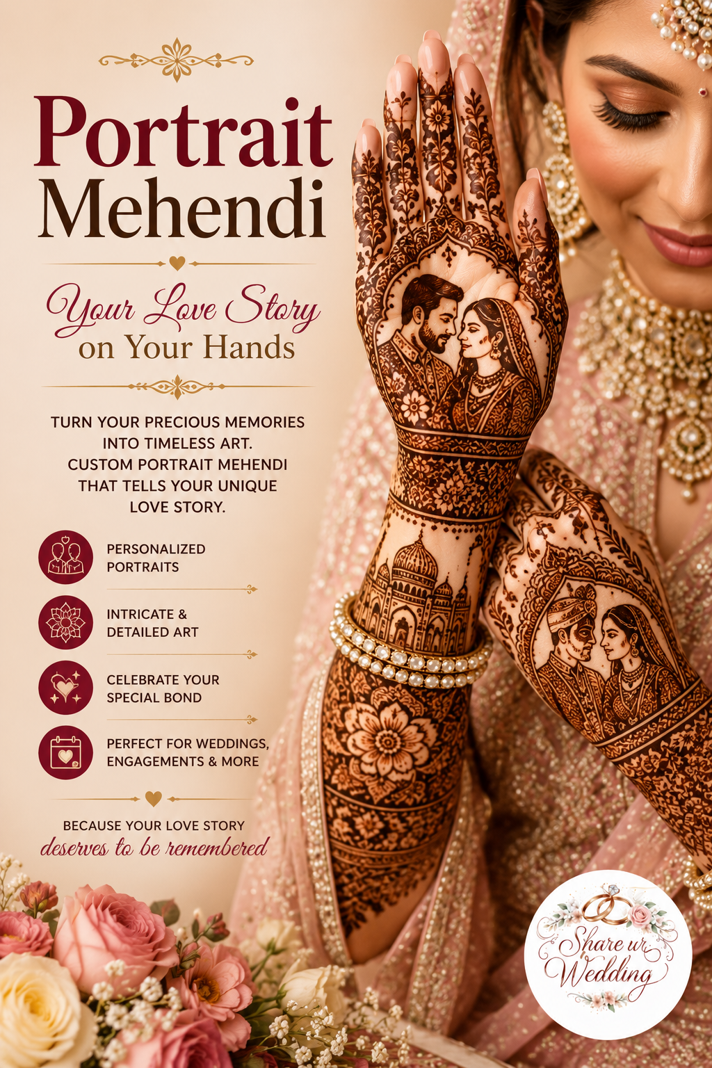 Portrait Mehendi design featuring personalized bride and groom portraits intricately crafted in bridal henna artwork