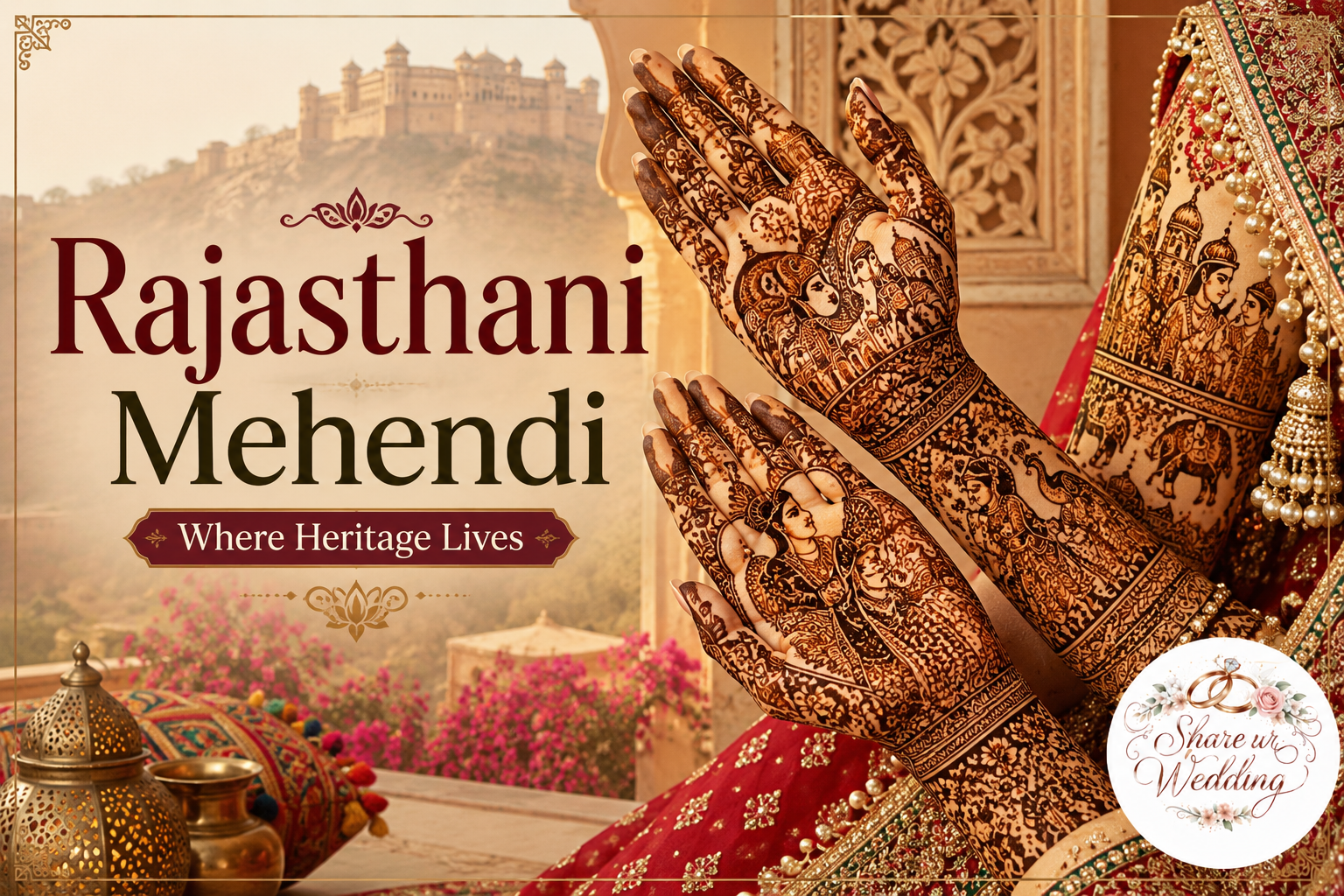 Rajasthani Mehendi design featuring royal heritage-inspired henna patterns with traditional bride and groom motifs