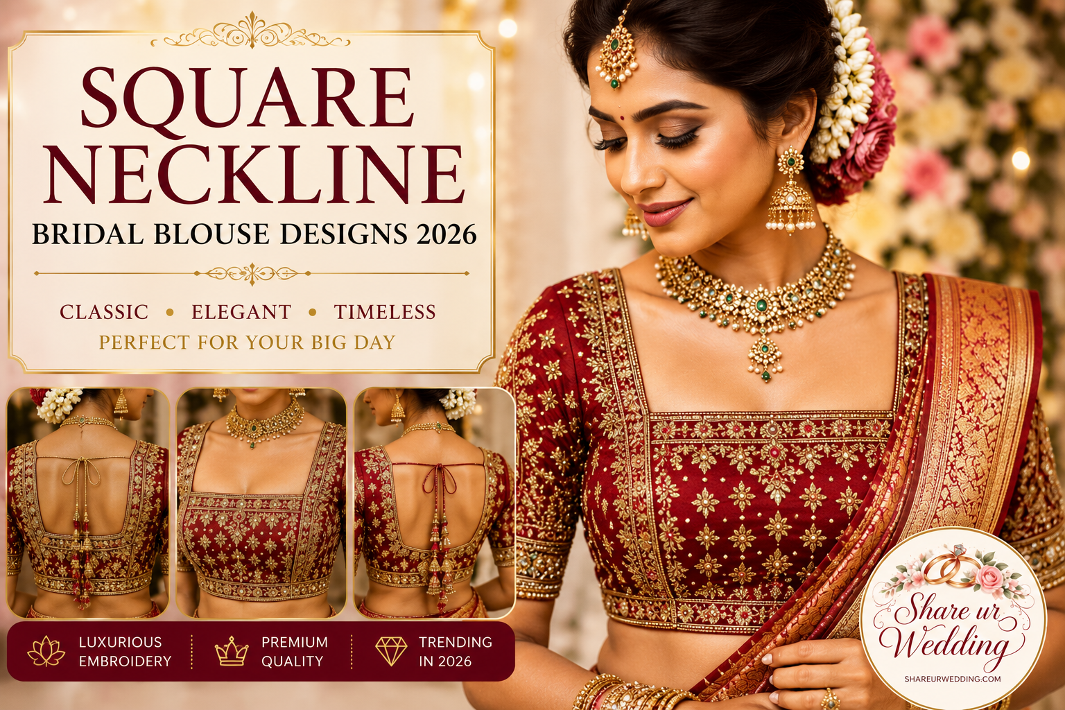 Bride wearing a square neckline bridal blouse with intricate embroidery, traditional jewelry, and silk saree for a stylish wedding look.