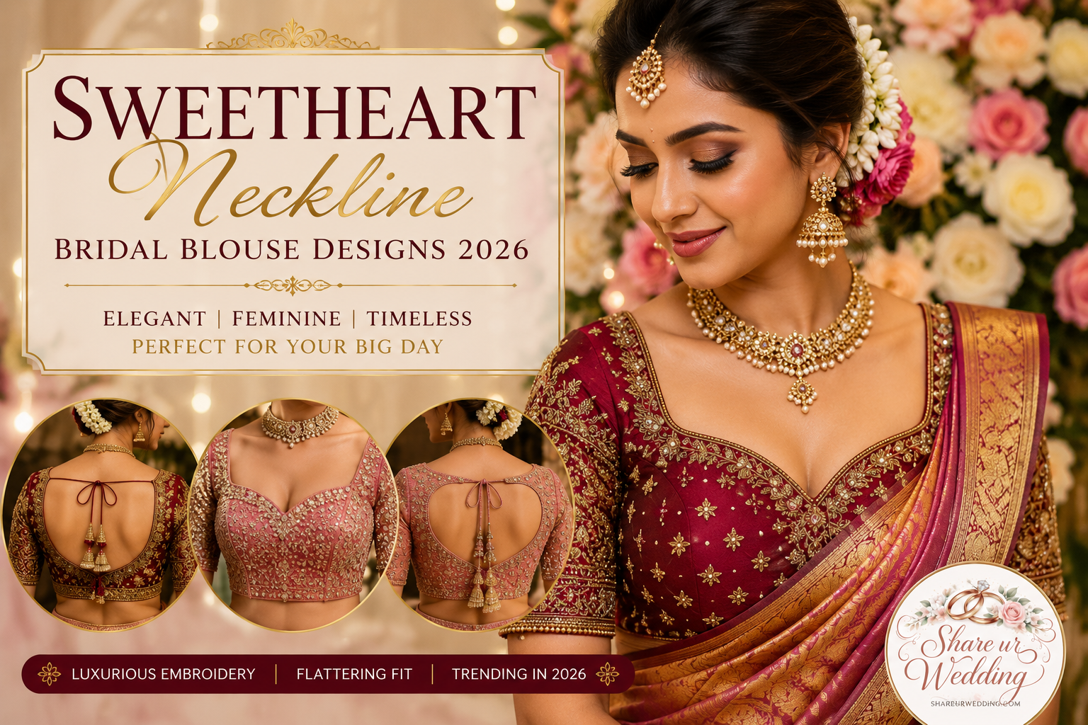 Sweetheart neckline bridal blouse design 2026 featuring a South Indian bride in a maroon silk saree with intricate embroidery and traditional wedding jewelry.