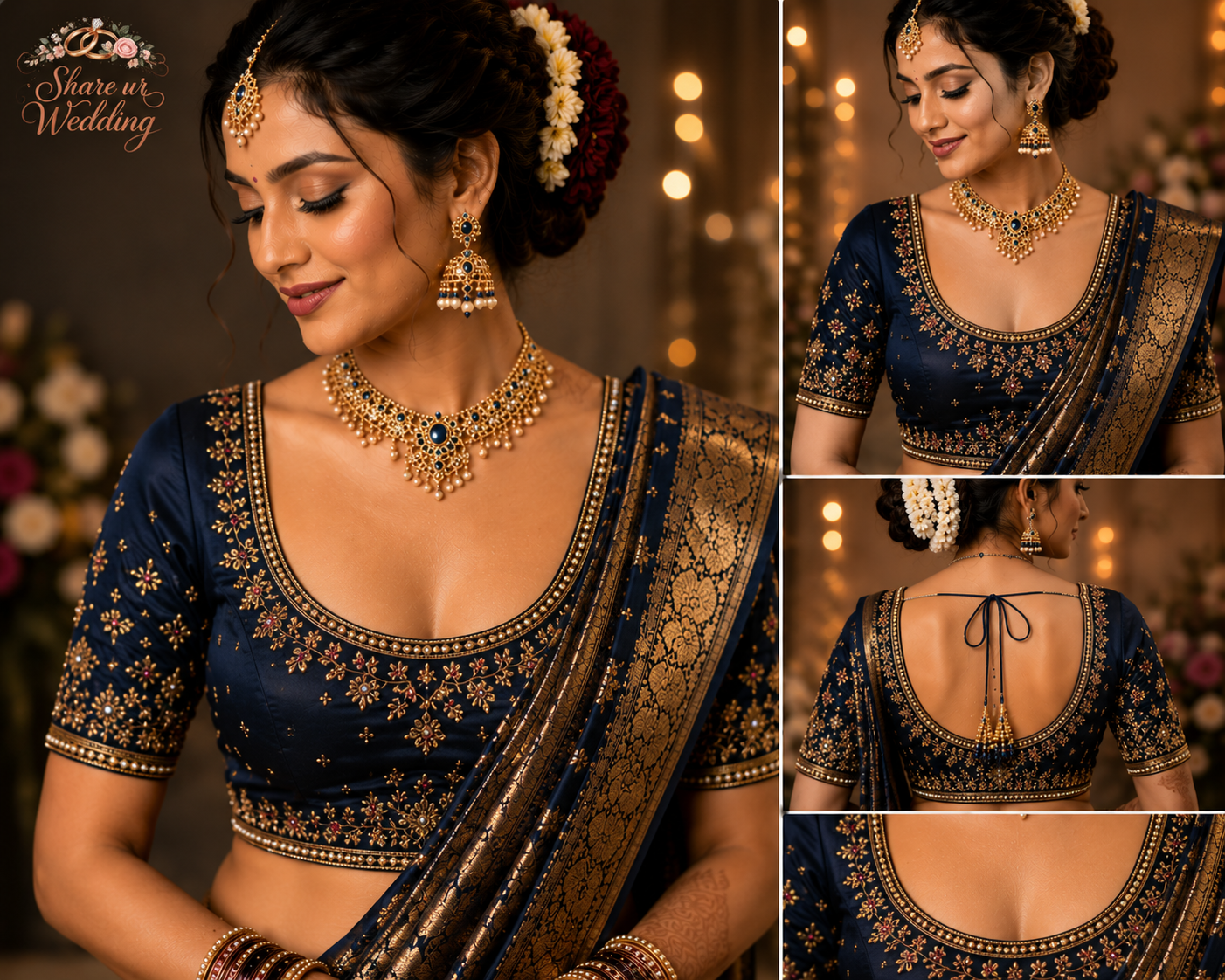 U-Neck bridal blouse design featuring a South Indian bride in a navy blue embroidered blouse with a deep U-neck pattern, silk saree, traditional gold jewelry, and elegant wedding styling.